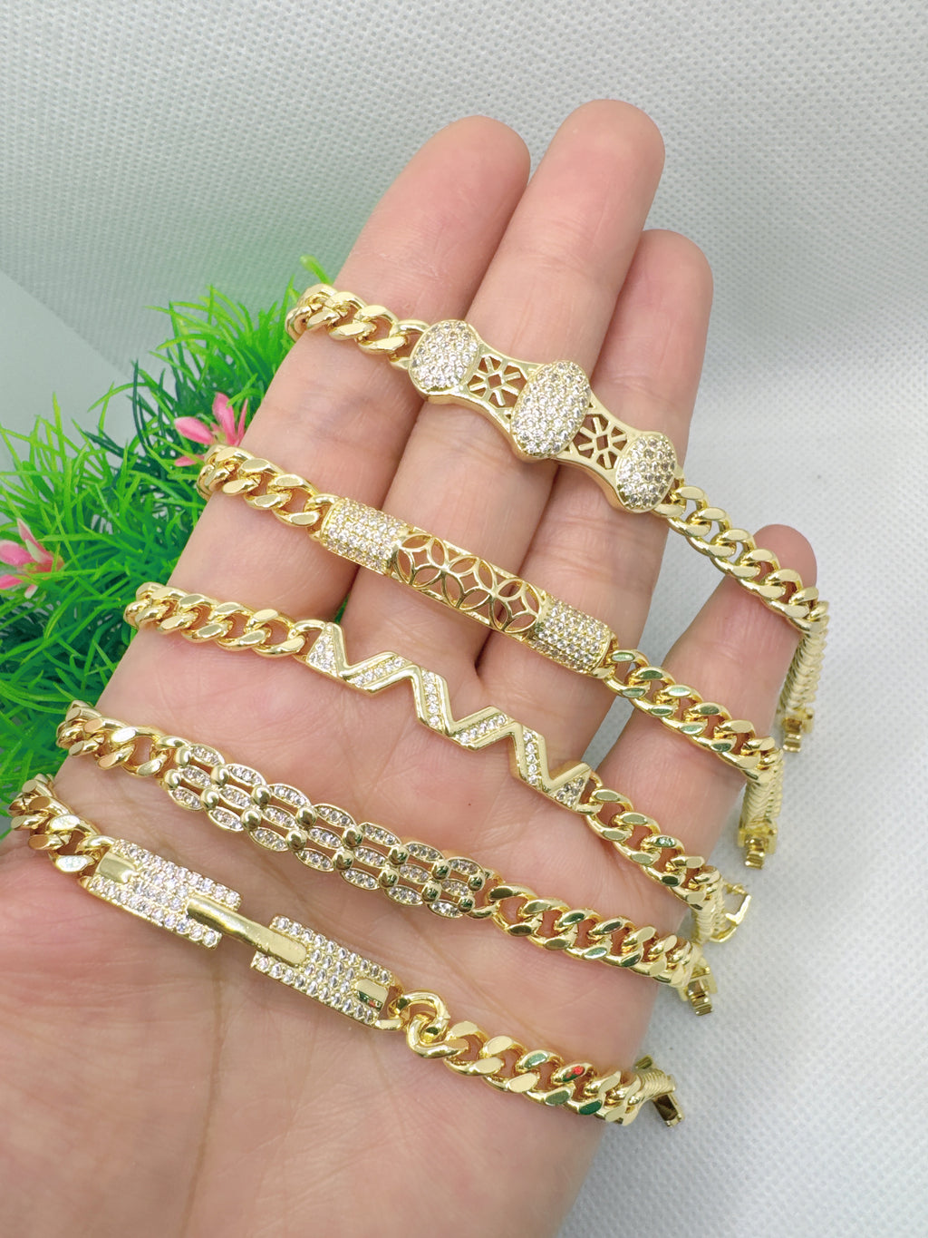 Jewelry Hip-Hop Punk Geometric Copper Zircon 18K Gold Plated Polishing Plating Pulseras (Style A)