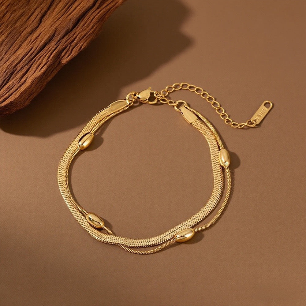 Blade Rice Bead Chain-Bracelet- Gold